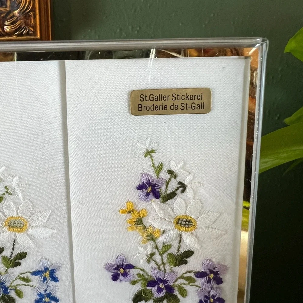 Doerig Swiss Embroidered Handkerchief Set St Gallen Cotton Floral Boxed